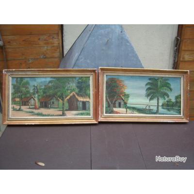 Paire De Tableaux Huile Sur Toile Epoque Coloniale Cameroun X Huiles 5802781