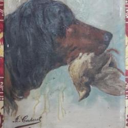 Peinture &agrave; l'huile setter  avec caille sign&eacute;e A.Cadoret XIX &egrave;me si&egrave;cle