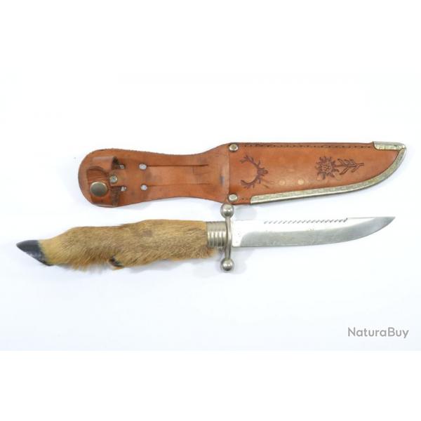 Couteau de chasse de style allemand, dents de scie, poigne patte de chevreuil et tui cuir