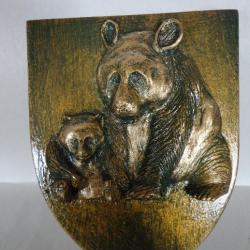 Blason Panda et son petit finition bronze avec accroche