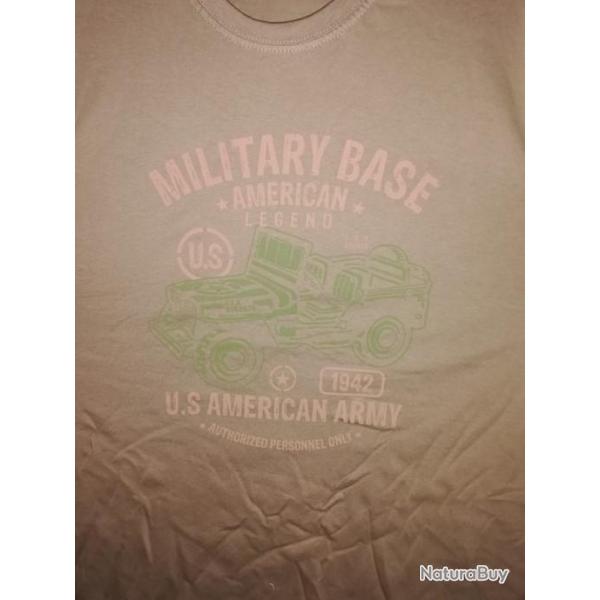 T SHIRT beige US MILITARY BASE AMERICAN LEGEND 1942 JEEP tailles S  XXL tee militaria