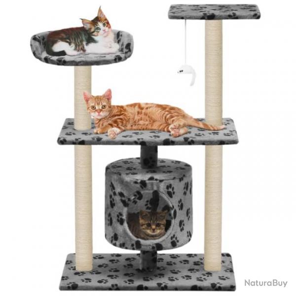 Arbre  chat griffoir grattoir niche jouet animaux peluch en sisal 95 cm gris motif de pattes 3702