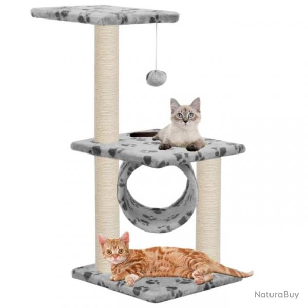 Arbre  chat griffoir grattoir niche jouet animaux peluch en sisal 65 cm gris motif de pattes 3702