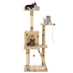 Arbre à chat griffoir grattoir niche jouet animaux peluché en sisal 120 cm beige motif pattes 37021