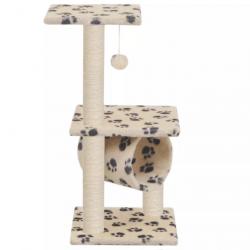 Arbre à chat griffoir grattoir niche jouet animaux peluché en sisal 65 cm beige motif pattes 3702152