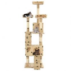 Arbre à chat griffoir grattoir niche jouet animaux peluché en sisal 170 cm beige motif de pattes 37