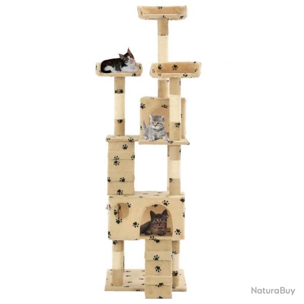 Arbre à chat griffoir grattoir niche jouet animaux peluché en sisal 170 cm beige motif de pattes 37