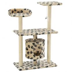 Arbre à chat griffoir grattoir niche jouet animaux peluché en sisal 95 cm beige motif de pattes 370