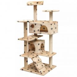 Arbre à chat griffoir grattoir niche jouet animaux peluché et sisal 125cm empreintes de pattes beig