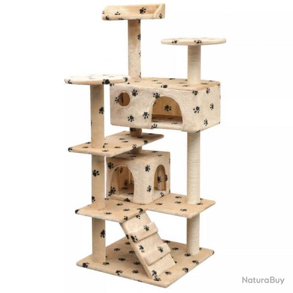 Arbre à chat griffoir grattoir niche jouet animaux peluché et sisal 125cm empreintes de pattes beig