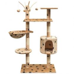 Arbre à chat griffoir grattoir niche jouet animaux peluché et sisal 125 cm empreintes de pattes bei