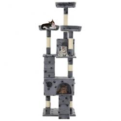 Arbre à chat griffoir grattoir niche jouet animaux peluché sisal 170cm empreintes de pattes gris 37