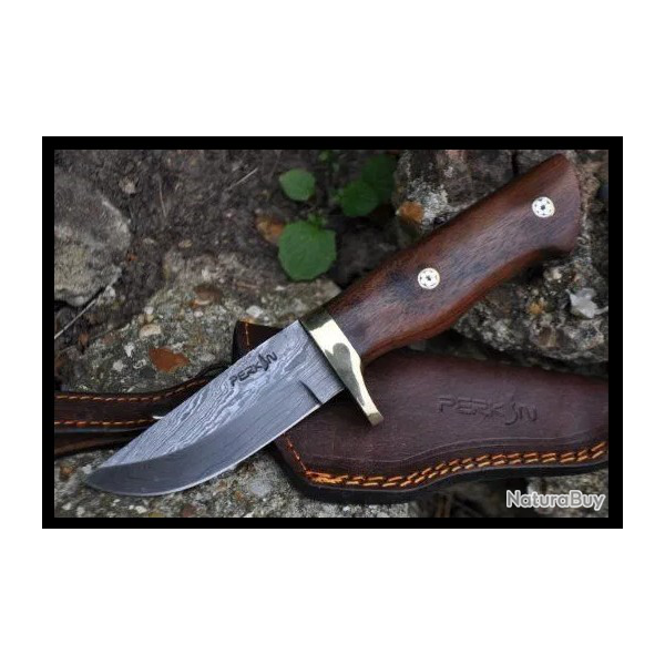 Couteau de chasse en damas avec manche en bois de noyer  et pingles de mosaque