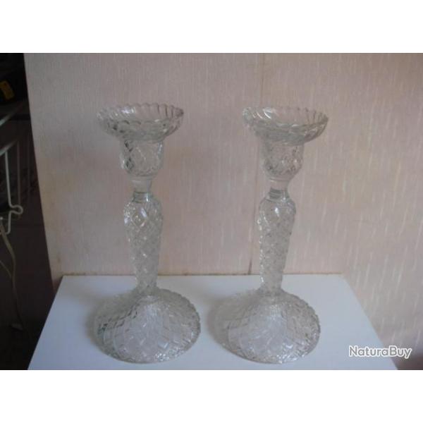 lot de deux bougeoir en cristal de portieux hauteur 23 cm