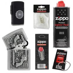 Pack complet Briquet Zippo Revolver avec mèche essence coton et pierres