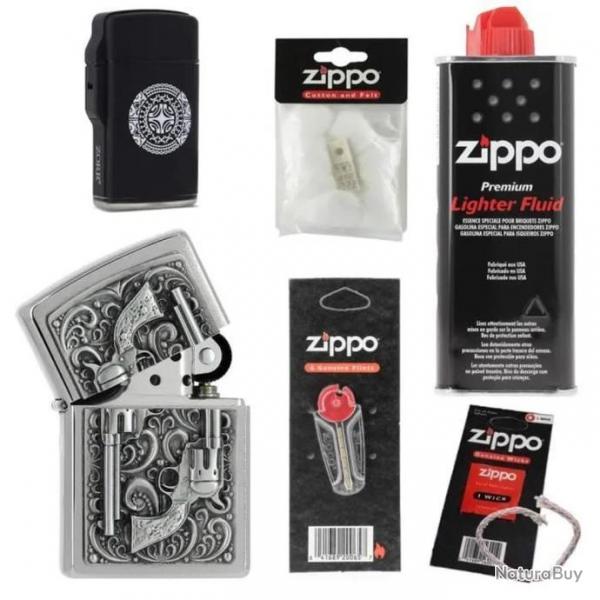 Pack complet Briquet Zippo Revolver avec mche essence coton et pierres