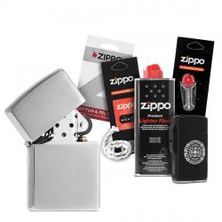 Pack complet Briquet Zippo Brushed avec mèche essence coton et pierres