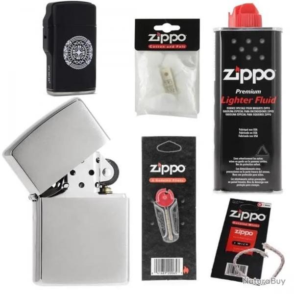 Pack complet Briquet Zippo Brushed avec mche essence coton et pierres