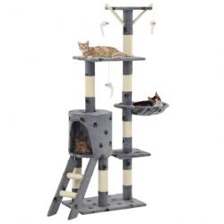 Arbre à chat griffoir grattoir niche jouet animaux peluché en sisal 138 cm gris motif de pattes 370