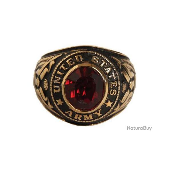 BAGUE / CHEVALIERE UNITED STATES ARMY ACIER INOXYDABLE COULEUR OR AVEC PIERRE ROUGE STYLE RUBIS 21