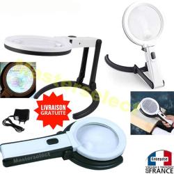 Loupe sur pied modulable 2 en 1 &agrave; main avec &eacute;clairage &agrave; 10 Leds sur secteur ou piles puissante