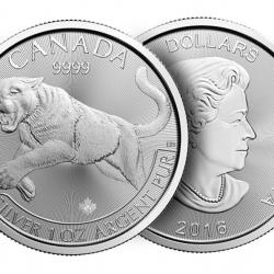 RARE pièce argent pur 1 oz CANADA Predators "Cougar" 2016, tube de 25 pièces