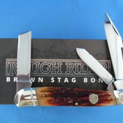 Couteau Rough Rider Large Stockman Brown Stag Bone 3 Lames Acier 440 Manche Os RR1799