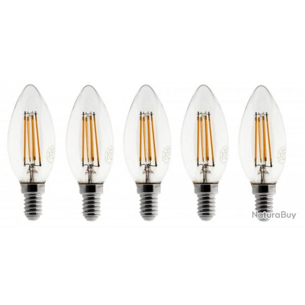 Lot de 5 Ampoules Flamme LED filament A+++ E14 3W 300lm Blanc chaud