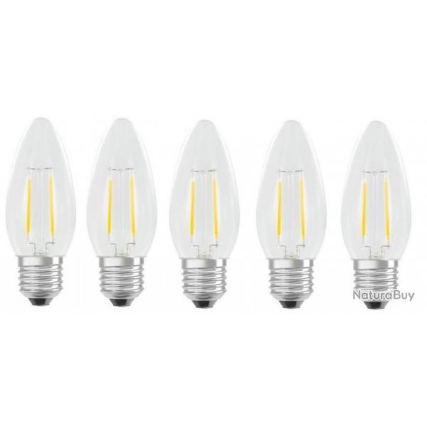 Lot de 5 Ampoules Flamme LED filament A+++ E27 3W 300lm Blanc chaud