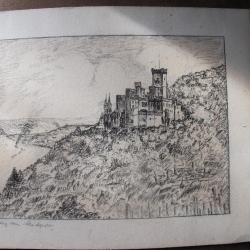 Dessin crayon sur papier du château de STOLZEFELS sur le Rhin