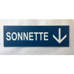 Plaque adhésive bleu SONNETTE + FLECHE EN BAS Format 29x100 mm