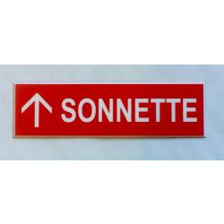 plaque gravée pancarte rouge "SONNETTE + FLECHE en haut Format 50x150 mm