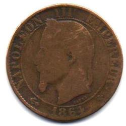 Pièce de Monnaie  France Cinq centimes Napoléon III, tête nue 1864 Strasbourg
