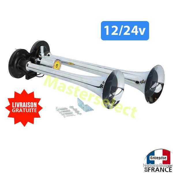 Klaxon à Air Puissant 24V 150 DB - Pour Camions, Bateaux, Camping-cars - Avec Compresseur Et Câblage - Tuyau Chrome 18 Pouces