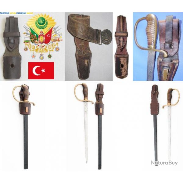 Porte fourreau en cuir vritable (tat neuf, rplique) pour baonnette sabre Model 1909 Turc Ottoman