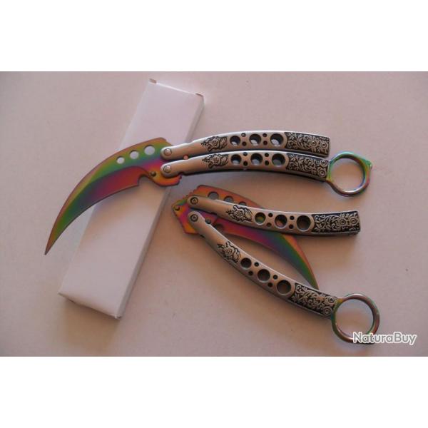 Couteau Papillon Balisong Grav Incurv Anneau 22,5 Cm Lame Courbe Style Titane Karambit