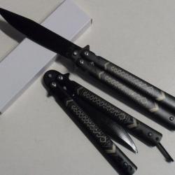 Couteau Papillon Balisong 23 Cm Acier Noir Lame Acier & Manche Acier Tactique