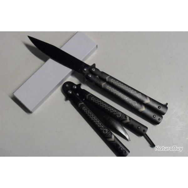 Couteau Papillon Balisong 23 Cm Acier Noir Lame Acier & Manche Acier Tactique