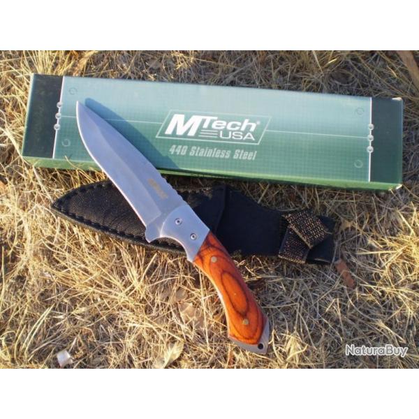 MT080 Z Couteau de Chasse Bushcraft Mtech Lame Acier 440 Manche Bois Etui Nylon