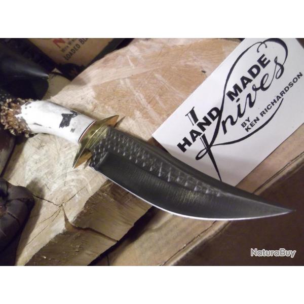 Couteau Ken Richardson Knives Bowie Manche Elan Lame Acier 1085HC Etui Cuir Made USA KRK1408
