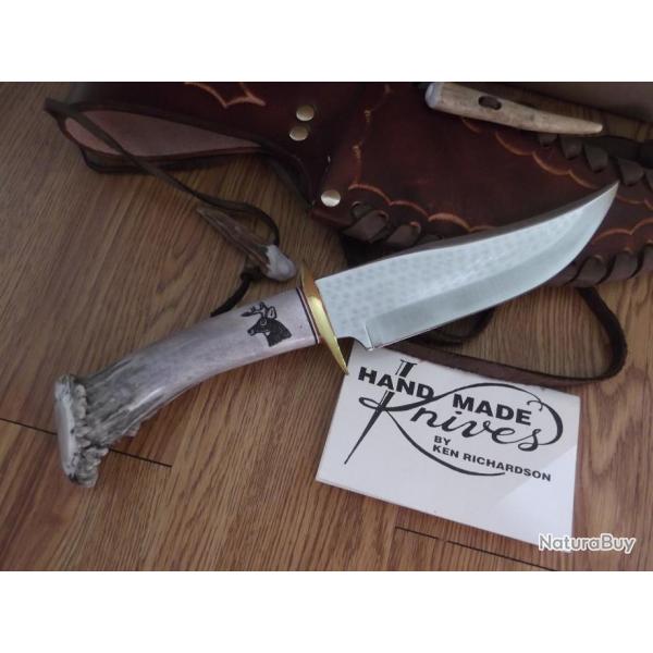 Couteau Ken Richardson Knives Bowie Manche Elan Lame Acier 1085HC Etui Cuir USA KRK1432