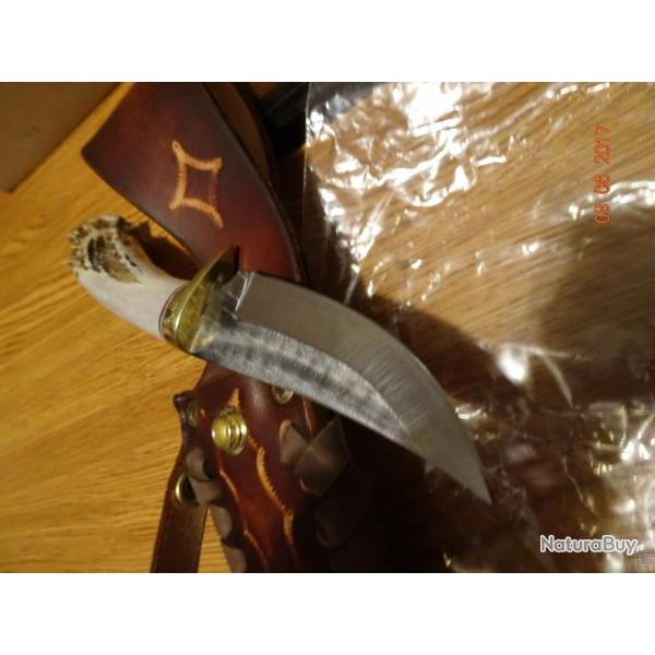 Couteau Ken Richardson Knives Skinner Manche Elan Lame Acier 1085HC Etui Cuir USA KRK1405C