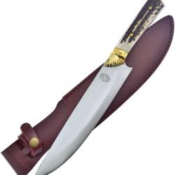 Couteau Hunter  Fixed blade Stag Bowie MANCHE BOIS DE D'ÉLAN ETUI CUIR FCSC00107