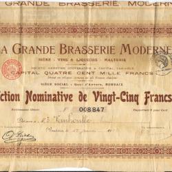 WW1/WW2 ACTIONS ENTRE 2 GUERRES 1929 LA GRANDE BRASSERIE MODERNE 25 FRANCS