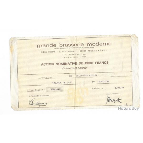 WW2/POSTWAR FRANCE ACTION APRES GUERRE ROUBAIX 1974 " GRANDE BRASSERIE MODERNE " 5 FRANCS