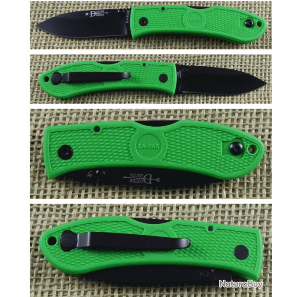 Couteau Ka-bar Dozier Folding Hunter Lame Acier AUS-8 Manche Zytel Green Lockback Clip KA4062KG