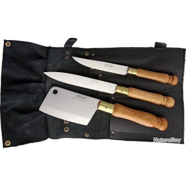 Set de 3 Couteaux Manche en Bois Lame en Acier Inox  Rouleau de couteau en Cuir MAM3008B07