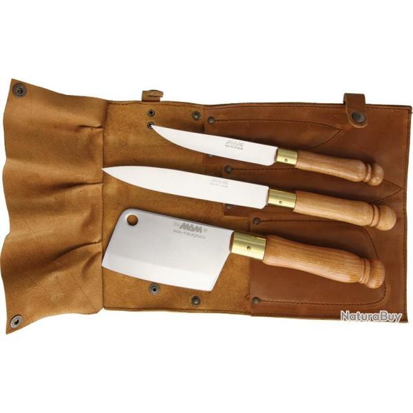 Set de 3 Couteaux Manche en Bois Lame en Acier Inox  Rouleau de couteau en Cuir MAM3008071