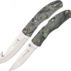 Beau Set de 2 Couteaux Lame en Acier Inox manche en Aluminium Camouflage  Etui en Nylon ER04507