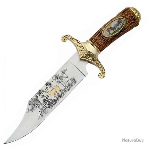 Couteau Bowie motif Cerf sur manche et lame Etui Cuir CN21031307
